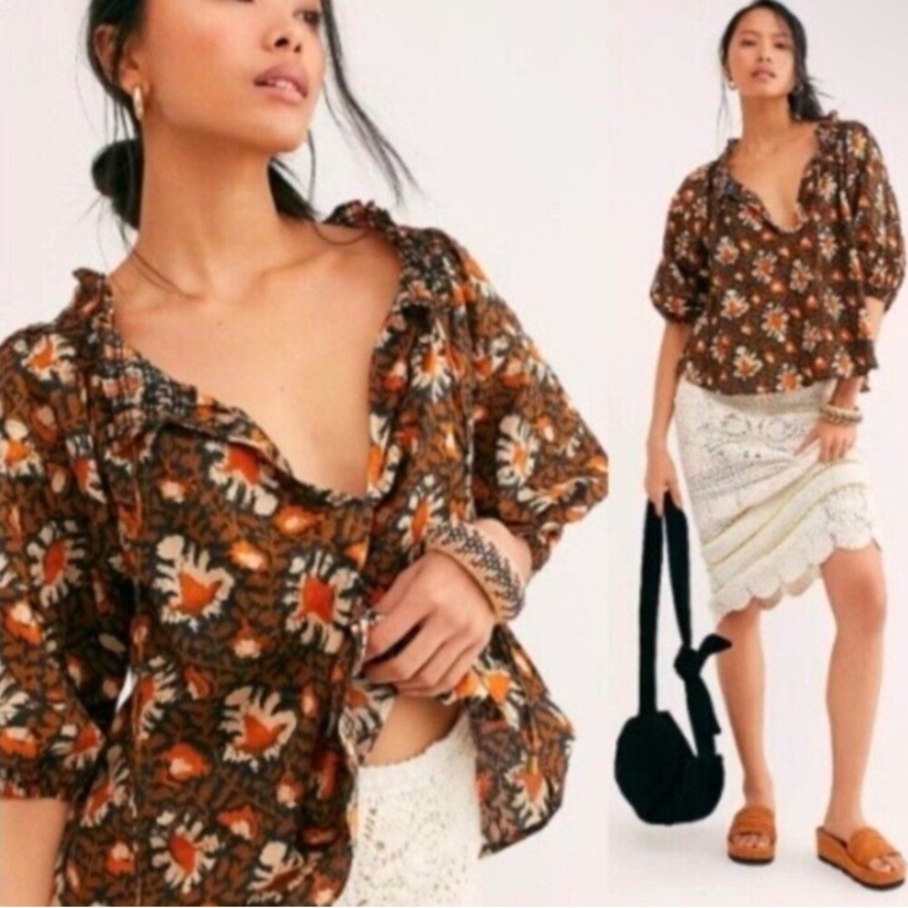 NWOT Free People Willow Print Puff Sleeve Blouse XS - Picture 3 of 11